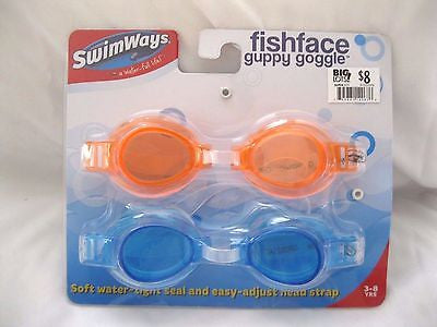 2 Pairs of Fishface Dolphin Swim Goggles Neon Yellow+Purple Soft Eye Cups-New!