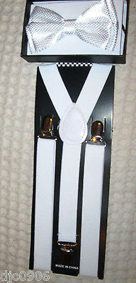 Solid White Diamond Mesh Pattern Bow Tie & Solid White Y-Style Back Suspenders