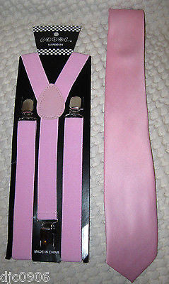 Pink Black Checkered Bow Tie,Matching Pink Neck tie & Pink Suspenders Set-New