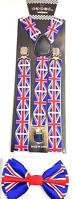 Unisex UK British Adjustable Bow tie & England Adjustable Suspenders Combo-New!