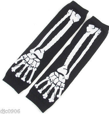 Unisex Black White Skeleton Elastic Fingerless Arm Warmers Elbow Long Gloves-New