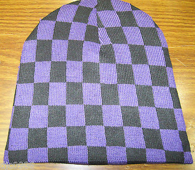 Purple and Black Checker Checkered Winter Knitted Skull Beanie Ski Cap-New!