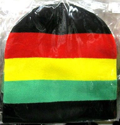 Rasta Red,Yellow,Green Large Stripes Winter Knitted Skull Beanie Ski Cap-New!