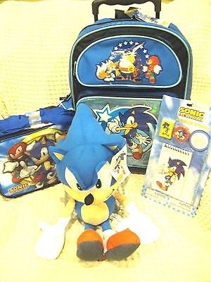 Blue Sonic the Hedgehog Rolling Backpack,Sonic Lunchbox,4pc Study Kit,&Plush