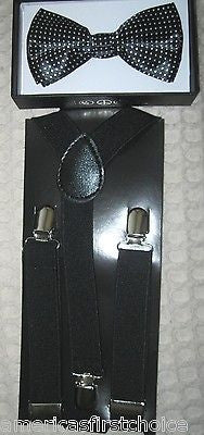 Kids Solid Black Bow Tie & Black Adjustable Suspenders Combo Set-New in Pkg!VR2