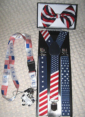 US Flag American Flag Suspenders,Lanyard,and Red,White,Blue Stripes Bow Tie-New