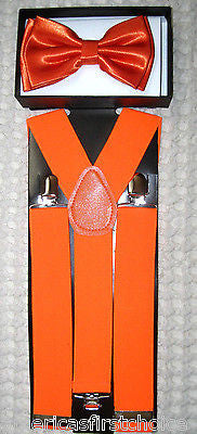 BRIGHT ORANGE ADJUSTABLE BOW TIE+BRIGHT ORANGE  ADJUSTABLE WIDE SUSPENDERS COMBO