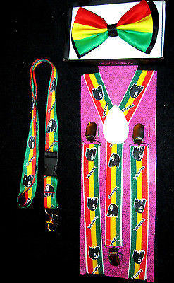 Rasta Adjustable Bow Tie,Adjustable Suspenders,& Bob Marley Rasta Lanyard Combo