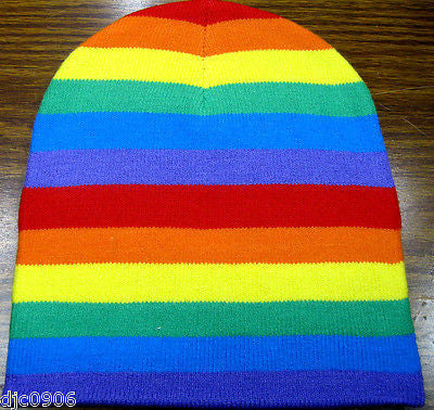 Rainbow Blue,Red,Yellow,Green,Purple Stripes Winter Knitted Skull Beanie Ski-New