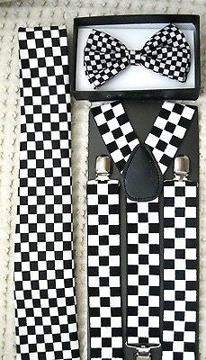 Black&White Checkers Bow tie,Necktie,and Wide 1 1/2" B&W Checkered Suspenders-V2
