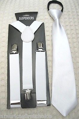 Kids Teens White Adjustable Bow Tie,NeckTie & White Adjustable Suspenders Set