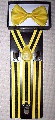Solid Yellow Adjustable Bow Tie & Black and Yellow Stripes Suspenders Combo-New!