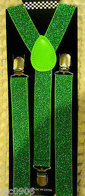 Neon Yellow Green Striped Bow Tie & Neon Green Glittered Adjustable Suspenders