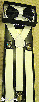 Black White Tips Adjustable Bow Tie & WHITE Adjustable Suspenders Combo-New