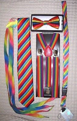 Men's Rainbow Stripes Adjustable Bow tie,Neck Tie,Suspenders,Lanyard,Shoelaces21