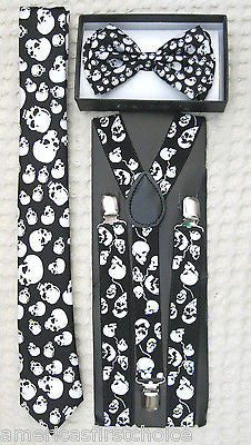 Unisex Skulls Adjustable Bow tie, Skulls Neck Tie,& Skulls Suspenders Combo-New