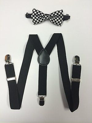 Kids Teens Black Adjustable Checker Bow Tie&Black Adjustable Suspenders Set-New!