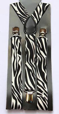 Unisex White and Black Zebra Print Y-Style Back suspenders with polished clips