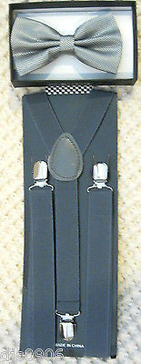 GRAY SILVER SEQUIN PATTERN  ADJUSTABLE  BOW TIE + SILVER GLITTER SUSPENDERS SET2