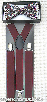 Burgundy Silver Paisley Pattern Adjustable Bow Tie & burgundy Y-Back Suspenders