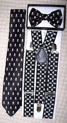 Unisex Skulls&Crossbones Bow tie&Neck Tie+Skulls&Crossbones Suspenders Set-ver3