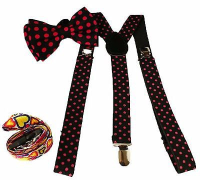 Unisex Black Red Polka Dot Tie and Adjustable Suspenders Combo Y-Back Set --New!
