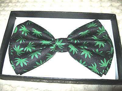 BLACK WITH NEON GREEN MARIJUANA MJ WEED LEAVES ADJUSTABLE  BOW TIE-NEW GIFT BOX!