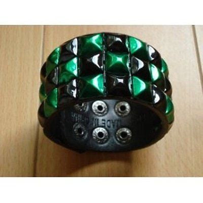 Black+Green triple row Checkered Studded Black Leather Bracelet-Brand New!