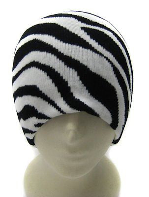 Black and White Zebra Animal Print Winter Knitted Skull Beanie Ski Cap-New!