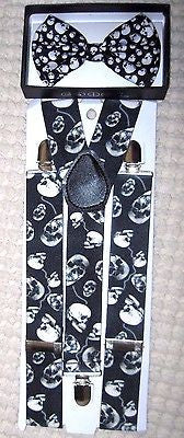Unisex Small Skulls Adjustable Bow tie&1 1/2" WIDE Skulls Adjustable Suspenders