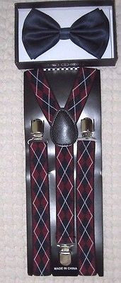 Solid Navy Blue Adj Bow Tie & Burgundy Navy Blue Gargoyle Y-Back Adj Suspenders