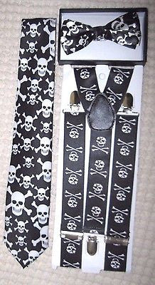 Unisex Skulls&Crossbones Bow tie & Neck Tie+Skulls&Crossbones Suspenders Set-ve2