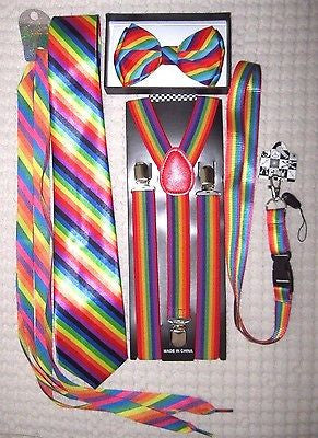 Unisex Rainbow Stripes Adjustable Bow tie,Neck Tie,Suspenders,Lanyard,Shoelaces9
