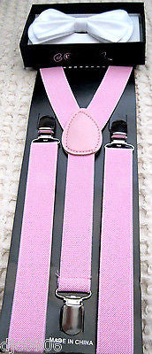 WHITE TUXEDO ADJUSTABLE BOW TIE+ROSE LIGHT PINK ADJUSTABLE SUSPENDERS COMBO!!