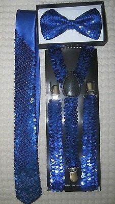 Royal Blue Sequin Adjustable Bow Tie,Neck tie & Blue Glitter Suspenders Set-V1