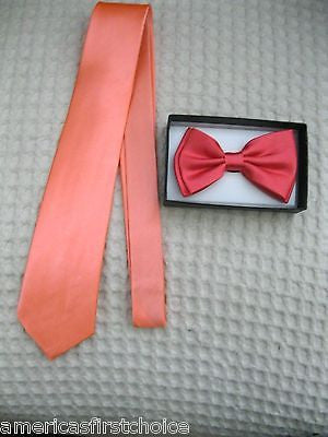 Solid Peach Adjustable Bow Tie and Solid Peach Neck tie Combo Set-New