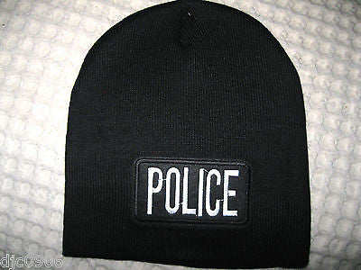 White POLICE Embroidered on Black Beanie Ski Hat Cap Beanie Style-New with Tags!