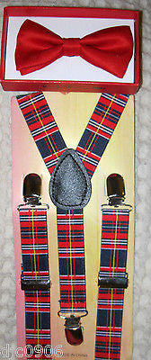 Red Kids Boys Girls Y-Style Back Adjustable Bow Tie & Red Blue Plaid suspenders1