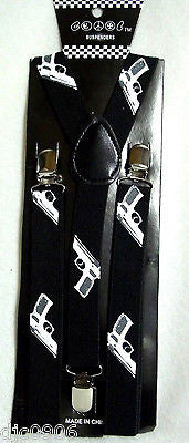 White Gray Guns Design Stache Black SUSPENDERS Y-Back Adjustable Suspenders-New!