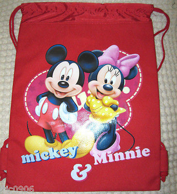 MICKEY MOUSE & MINNIE MOUSE RED DRAWSTRING BAG BACKPACK TRAVEL STRING POUCH -NEW