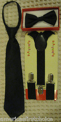 Kid's Boys Girls Black Adjustable Bow Tie, Neck Tie & Black Y-Back Suspenders