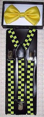 Solid Yellow Adjustable Bow Tie & Yellow and Black Checkers Checkered Suspenders