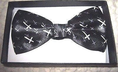 BLACK WITH WHITE AND GRAY CURAFIX CROSSES TUXEDO ADJUSTABLE  BOW TIE BOWTIE-NEW!