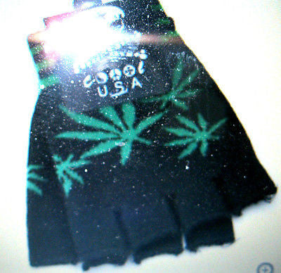 GREEN MARIJUANA MJ WEED LEAVES BLACK KNIT FINGERLESS GLOVES WINTER WOMENS MEN