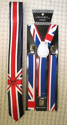 UK British Flag Adjustable Y-Back Suspenders and UK British 3" Neck Tie-A2