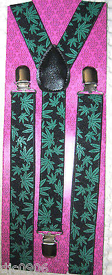 Unisex Green Marijuana Weed MJ Leaves on Black Suspenders Combo-New in Package!