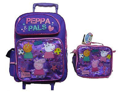 Peppa Pig Purple 16" Rolling Backpack + Peppa Pig Lunchbox Combo by Nick Jr.-New
