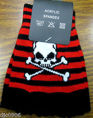 RED & BLACK STRIPES WHITE SKULL&CROSSBONES HAND CUTOFF KNIT FINGERLESS GLOVES