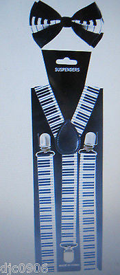Solid French Blue Adjustable Bow Tie&French Blue&Black Stripes Suspenders Set
