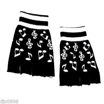 NEW BLACK WHITE MUSICAL NOTES CUTOFF KNIT FINGERLESS GLOVES WINTER WOMENS GIRLS